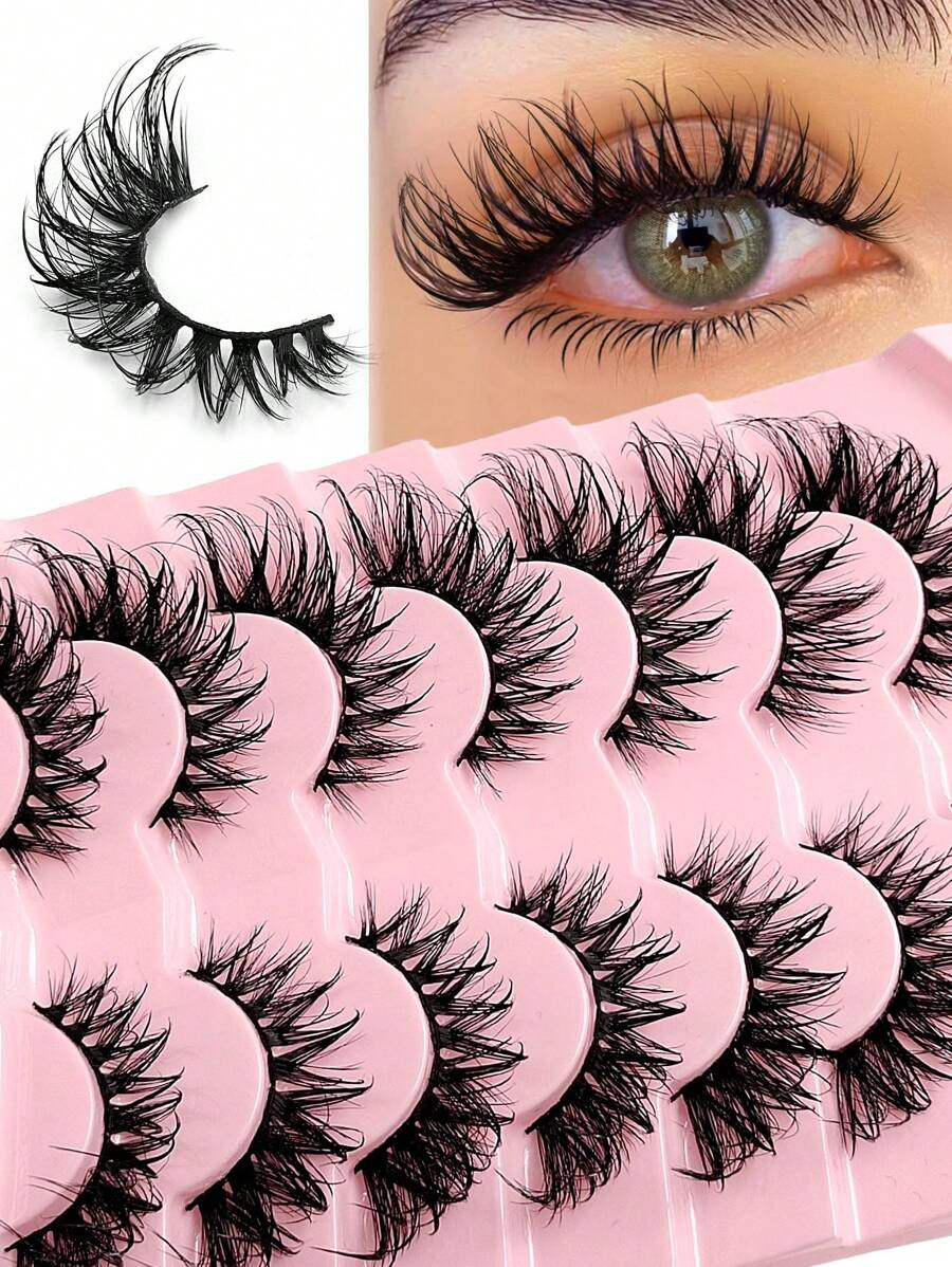 Asiteo 7 Pairs Cat Eye Wet Effect False Eyelashes, Cartoon Mink-Like False Eyelashes, Elongated Eyelash Tips, Y2K Style 3D Fluffy Natural Thick Eyelash Extensions Makeup Tools - 眼尾拉長款 - 查看 1