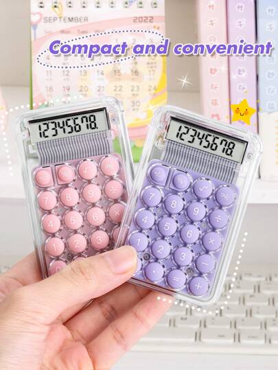1入組透明便攜迷你計算機，8位數高端小型數學計算機，完美適用於學生學習加減乘除和會計，可隨時隨地使用，可愛精美的女孩辦公用品
