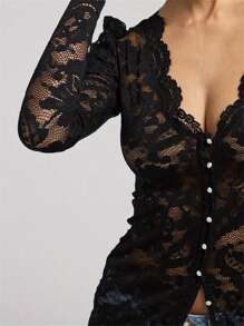 Women's Lace Tops Stylish Solid Mesh See Through Lace Floral Slim Fit V Neck Long Sleeve T-Shirt - 黑色 - 查看 5