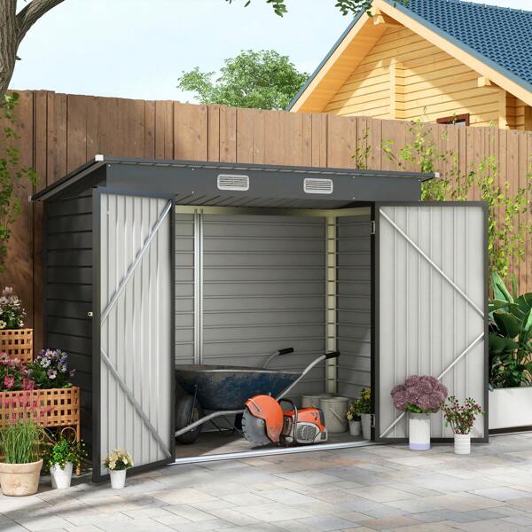 Outsunny Outsunny Gerätehaus aus Stahl, 2,7 m² Geräteschuppen mit Doppeltür, Gartenschuppen mit Schloss, Gartenschrank mit UV-Schutz, 249 x 121 x 183 cm, Grau