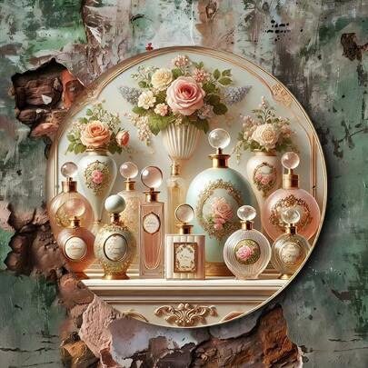 复古香水瓶系列墙饰 - 经典圆形金属装饰，适用于家庭、咖啡厅、餐厅、车库，铁质材料，易于清洁且不褪色，非常适合房间装饰、房间装饰、花园装饰、婚礼装饰、家居装饰