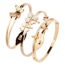 3-Piece Women Jewelry Gift Set: Rhinestone Clover Flower, Butterfly Pendant And Stainless Steel Bracelet - Butterfly Combination - View 18