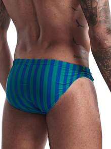 1 Pc Men's Vertical Striped Sexy Triangle Swimming Trunks - Dark Green - View 2