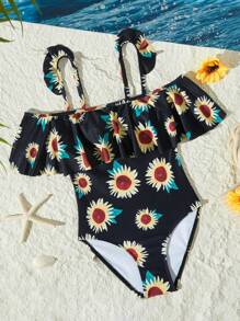 Tween Girl Off Shoulder Sunflower Print One-Piece Swimsuit - Black - View 1
