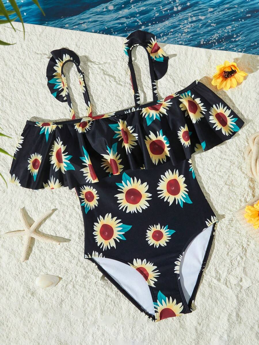Tween Girl Off Shoulder Sunflower Print One-Piece Swimsuit - Black - View 1