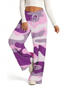 Women's Spring Summer Baggy Pants Drawstring Camouflage Loose Fit Wide Leg Trousers
