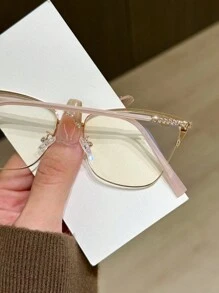 1pc Women's Metallic Cat Eye Rhinestone Studded Unique Design Shiny Aesthetic Glasses - Clear - View 4