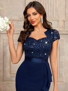 MIUSOL Sequin Lace Sweetheart Neck Ruffle Hem Cocktail Party Bodycon Dress - Navy Blue - View 9