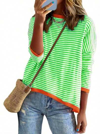 2024 New Women's Long Sleeve Crewneck Striped Knit Sweater, Casual Colorblock Drop Shoulder Pullover Fashion Top