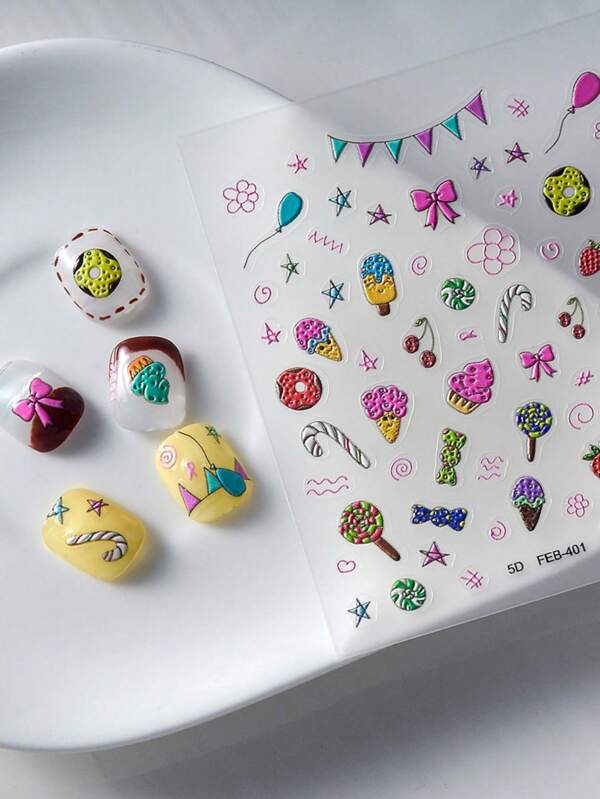 1Pc Ice Cream Nails Art Stickers 5D Embossed DIY Adhesive Sliders Nail Polish Manicure Sticker Decals