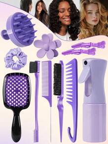 11pcs Hair Brush Set, Hair Brushes For Women Wet Dry All Hair Detangling Parting Styling, 200ml Continuous Spray Bottle, Premium Wide Tooth Comb, Scalp Massager Shampoo Brush, Brush Set With Detangler Brush, Edge Brush, Teasing Brush, Rat Tail Comb, Flower Hair Clip, 2 Alligator Hair Clips And Hair Tie