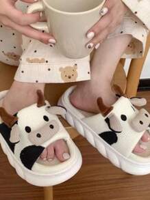 Modelos para hombre y mujer de zapatillas de casa de algodón y lino, zapatillas de casa de dibujos animados de vaca - Beis - Ver 9