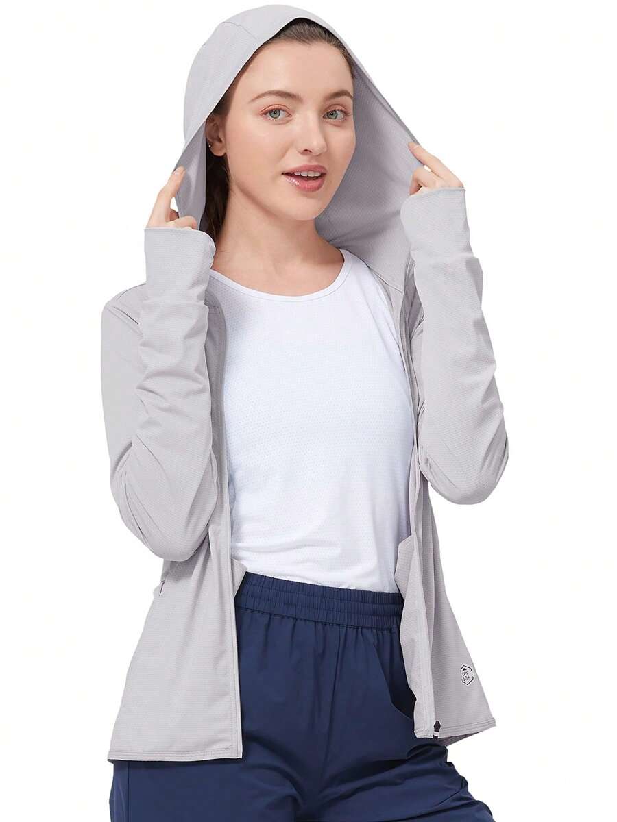 CAMEL CROWN 女款 UPF 50+ 運動外套防曬長袖健行襯衫輕質戶外連帽衫帶口袋 - 淺灰色 - 查看 1