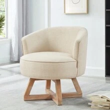 Swivel Chair With Cross-Shaped Wooden Base Lounge Chair With Solid Wood Legs 360°Freely Swivel Chair Classic Linen Fabric For Living Room Bedroom Office Dresser -Beige