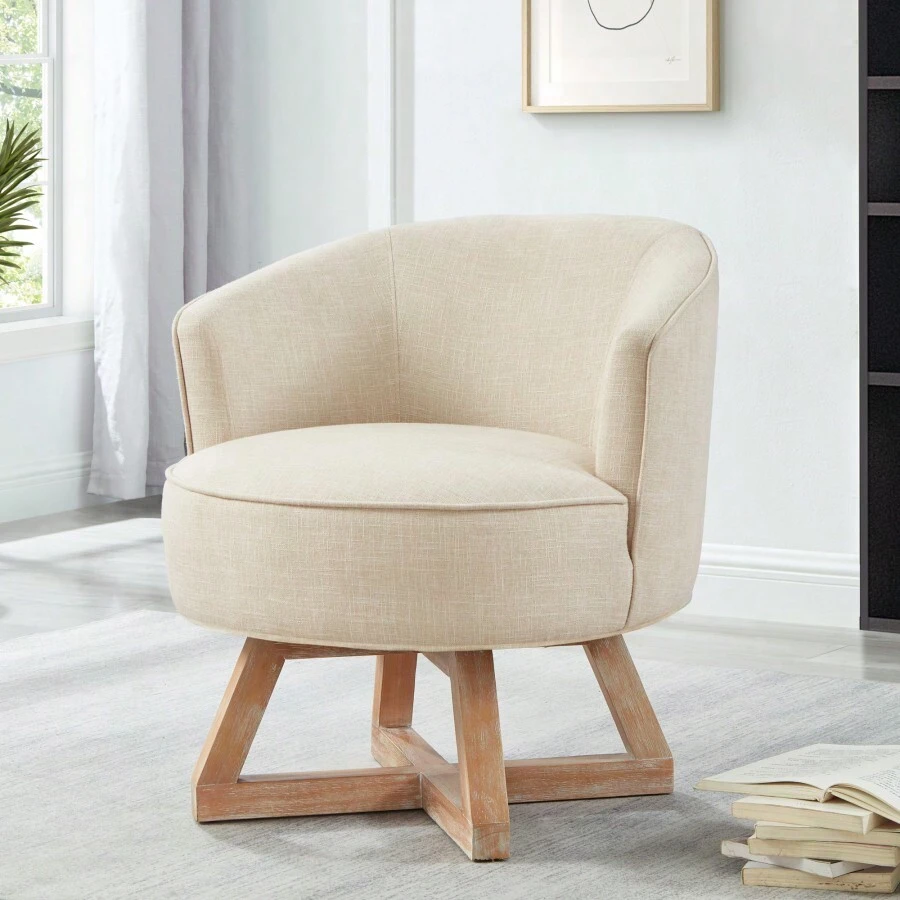Swivel Chair With Cross-Shaped Wooden Base Lounge Chair With Solid Wood Legs 360°Freely Swivel Chair Classic Linen Fabric For Living Room Bedroom Office Dresser -Beige