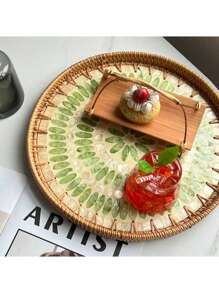 1pc Mother-Of-Pearl Inlaid Wooden Base Rattan Tray Plate Living Room Home Snack Storage Basket Decor Dinner Serving Tray - Beige - View 1