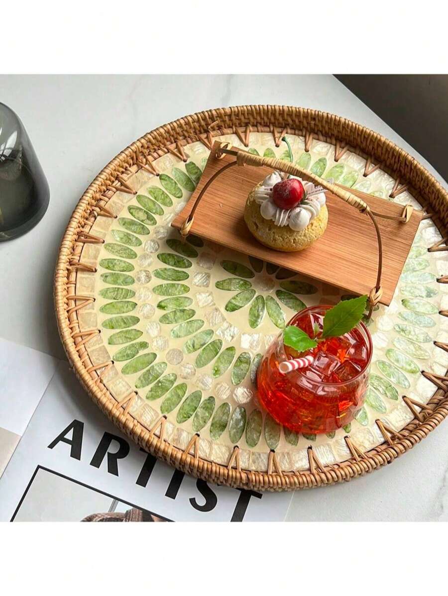 1pc Mother-Of-Pearl Inlaid Wooden Base Rattan Tray Plate Living Room Home Snack Storage Basket Decor Dinner Serving Tray - Beige - View 1