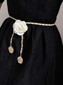 1 件休闲优雅街头风格山茶花 PU（聚氨酯）女士腰带，花卉链条腰带装饰时尚链条，高端小众腰带，适合夏季、秋季、万圣节穿着 - 多色 - 查看 3