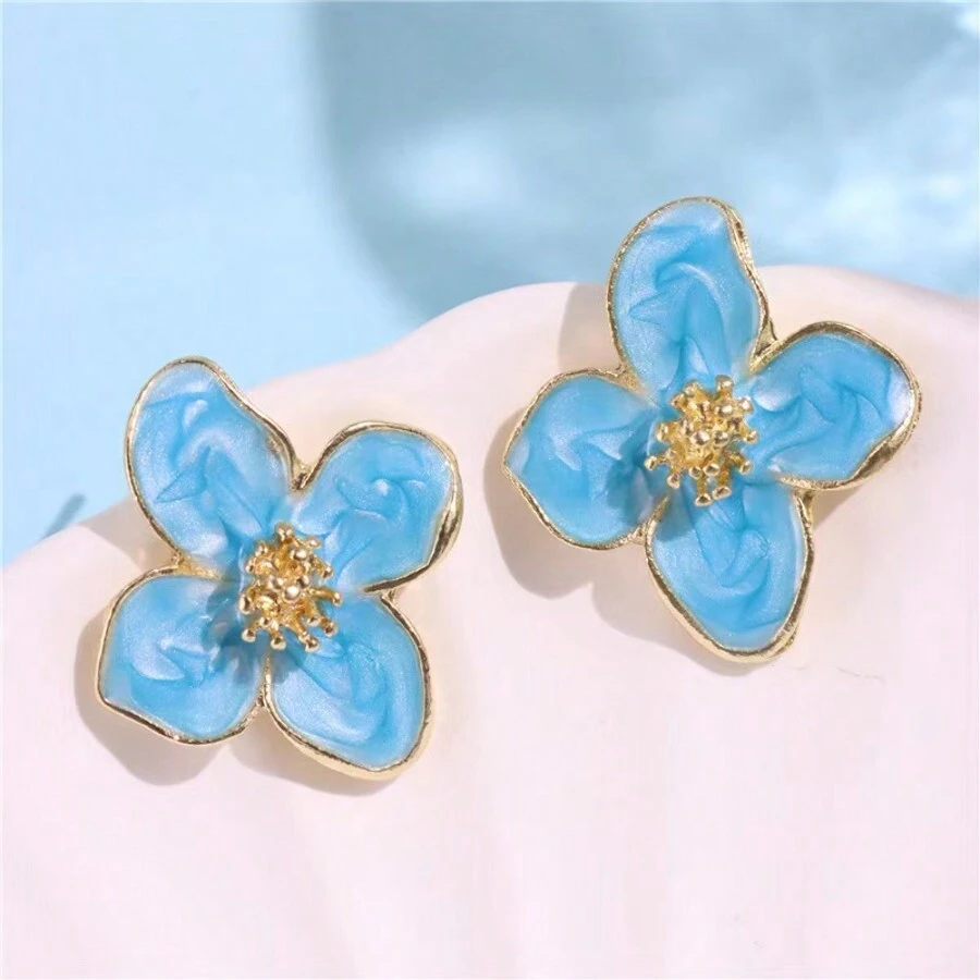 1 Pair Fashion Hibiscus Drip-Glaze French-Style Vintage Hong Kong Style Floral Earrings, 3D Small Flower Versatile Ear Studs Accessories - Blue - View 1