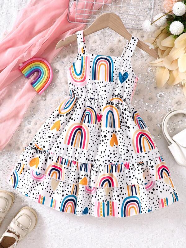 Vestido de vacaciones con tirantes con volantes y estampado arcoíris para niñas, primavera/verano