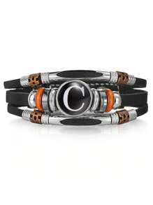 1pc 26 Piece Leather Alphabet Bracelet, Men/Couples Fashion Handmade Beaded Multilayer Punk Wristband, Birthday Wedding Gift, Daily Wear - Black - View 8