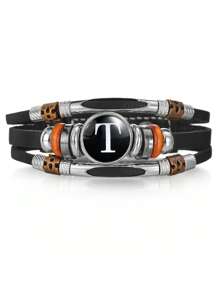 1pc 26 Piece Leather Alphabet Bracelet, Men/Couples Fashion Handmade Beaded Multilayer Punk Wristband, Birthday Wedding Gift, Daily Wear - Black - View 20