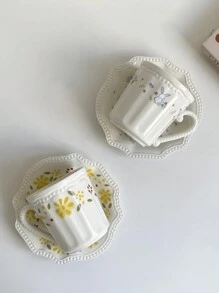 1 件八角形浮雕小碎花碟子和杯子套装，复古小碎花陶瓷杯和盘子，可爱的兔子杯和碟子，优雅的复古装饰，适合家庭、餐厅、咖啡厅、生日、节日礼物 - 彩色 - 查看 3