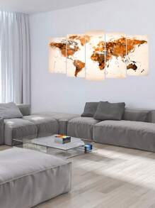 5 Pcs Unframed Canvas Wall Arts Posters Painting Abstract Brown Watercolour-Style World Map On A Beige Background Art Poster Canvas Master Bedroom Artwork For Living Room, Bedroom, Bar Wall Decor,Vintage Home Decor Gift Gifts Birthday Graduation