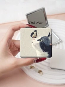 1pc Classic Cartoon Cat Series Portable Vanity Mirror, Foldable Lightweight Compact Handheld Mirror, Durable PU Leather, Metal Vacuum Plating, Suitable For All Occasions And People, Foldable Square Pocket Mirror,Giveaways,Travel,Cheap Stuff,Travel Essential - Multicolor - View 7