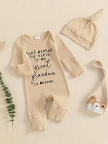 Newborn Baby Boys Girls Hospital Going Home Outfit Baby Shower Outfit For Grandma Grandpa Clothes Hand Picked For Earth By My Grandpa Grandma In Heaven Rib Knit Romper Jumpsuit Hat Set - 米色奶奶 - 查看 3