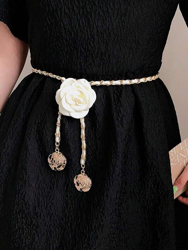 1pc Casual Elegant Street Style Camellia PU (Polyurethane) Ladies' Waist Belt, Floral Chain Waist Decorative Belt With Fashionable Chain, High-End Niche Waist Belt For Dress Summer, School