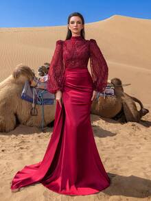 Faeriesty Women's Elegant High-Neck Floor-Length Gown – Sheer Puff Sleeves With Beaded Sequin Accents, Satin Mermaid Fishtail Skirt For Date Nights, Formal Evening Dinners, Valentine's Day, And City Strolls - Burgundy - View 4