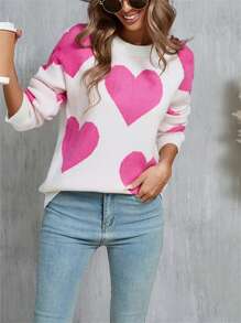 Women's Cute Heart Print Sweaters Long Sleeve Round Neck Loose Pullover Spring Fall Tops - White - View 1