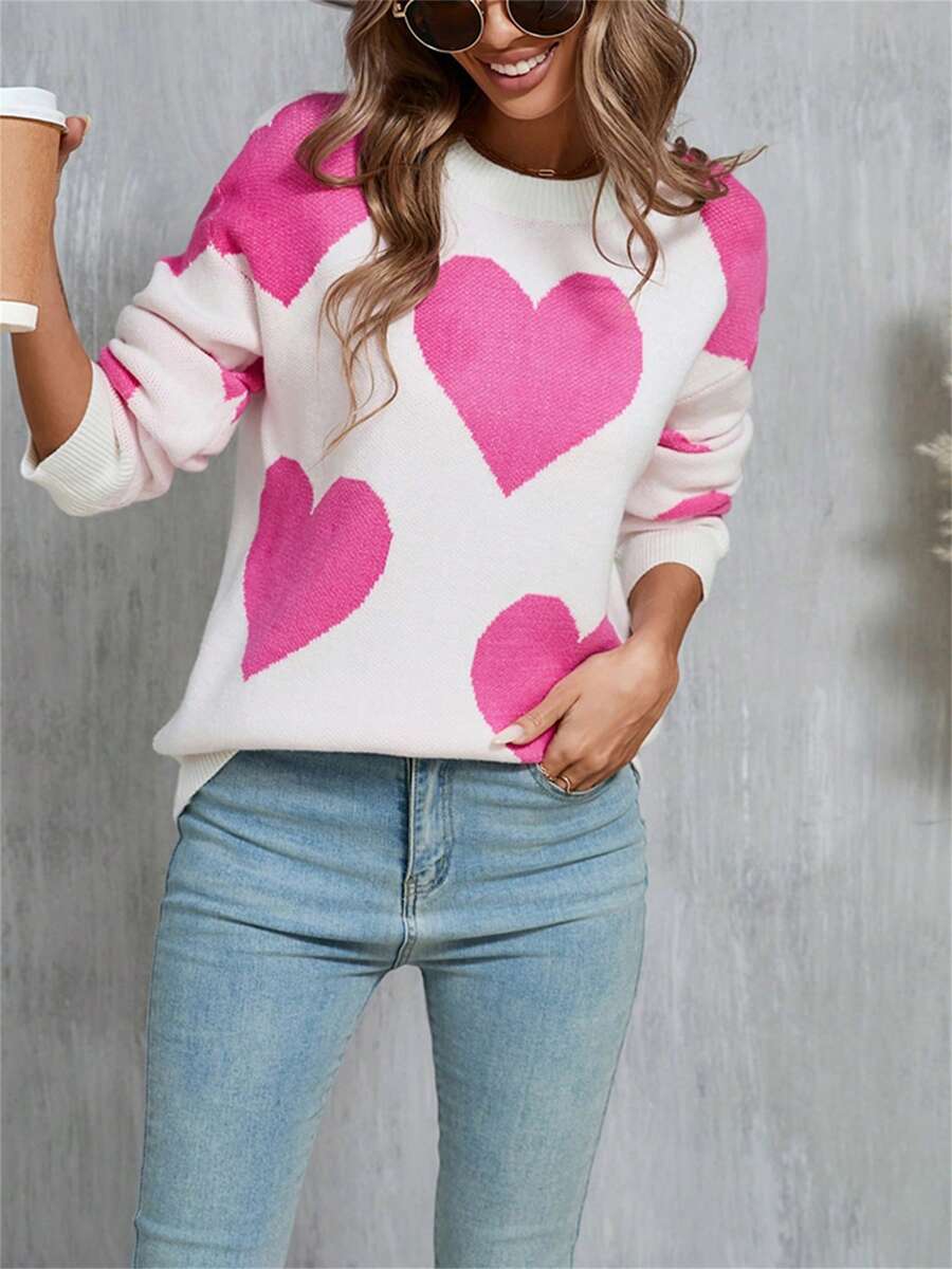 Women's Cute Heart Print Sweaters Long Sleeve Round Neck Loose Pullover Spring Fall Tops - White - View 1