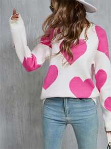 Women's Cute Heart Print Sweaters Long Sleeve Round Neck Loose Pullover Spring Fall Tops - White - View 3