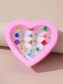 12pcs/Set Girls Rhinestone Flower, Heart, Geometric Design Rings Set