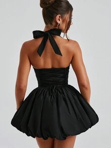 ChicMe Backless Spaghetti Strap Sleeveless Bow Tie Back A-Line Mini Dress, Waist Cinched Party Dress, Spring/Summer - Black - View 2