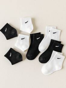 8 Pairs Kids Socks, Black Fashionable Versatile Baby Crew Socks With Diagonal Stripe Pattern, Suitable For Casual Daily Wear