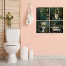 4pcs Wooden Framed Botanical Bathroom Wall Art | Floral Bathroom Wall Decor, Wild Flower Bathroom Print, Farmhouse Canvas Decor, Deep Green Print, Melancholy Plants, Floral, Vintage Painting, Bathroom Decor Gift, Birthday, Graduation - Multicolor - View 8