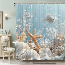 Starfish Art Pattern Shower Curtain With 12 Hooks - Machine Washable, Suitable For Home, Hotel Or Washable Bathroom, Non-Sheer, Bathroom Decor, Autumn Decor, Bathroom Accessories, Back To School - Multicolor - View 1