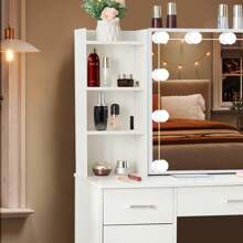 Modern Dressing Table W/ LED Lights Mirror Vanity Make Up Stool Set For Bedroom - White - View 7