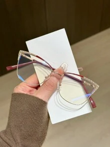 1pc Women's Metallic Cat Eye Rhinestone Studded Unique Design Shiny Aesthetic Glasses - Clear - View 7