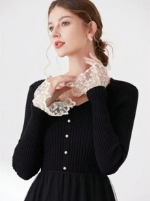 1pair Ladies' Stud Beaded Rolled Edge Sleeve Cuff With Lace Decoration Valentine's Day Valentines