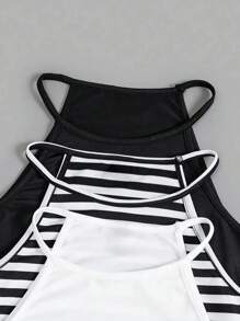 3pcs/Set Girls All-Match Camisole Casual Sleeveless Backless V-Neck Crop Tank Top, Comfortable Spring/Summer Versatile Solid & Striped T-Shirt - Multicolor - View 5