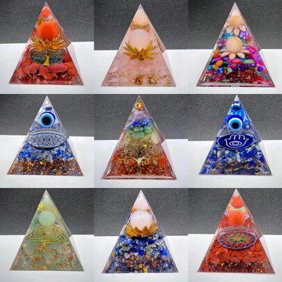 1颗天然红玉碎球，生命之树树脂能量金字塔，能量强大的水晶，用于脉轮平衡、灵性疗愈和冥想，招财纳福，馈赠佳品