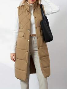 Women Quilted Vest Solid Color Warm Jacket Button Cardigan For Winter Outwear Streetwear - 卡其色 - 查看 2