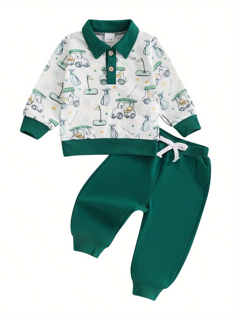 Boys Autumn 2PCS Outfit Sets Long Sleeve Lapel Golf Print Tops Solid Color Pants Sets - Green - View 1