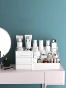 1pc Charming White Cosmetics Storage Box With Fashion Drawer - Large Capacity Cosmetics Display Box, Luxury Multi-Layer Cosmetics Storage Rack - Spacious Desk Storage Rack For Storing Skin Care Products, Perfume And Toiletries, Large Capacity, Table Top And Dresser Storage Rack - Fashionable Cosmetics Rack Suitable For Family And Travel, Christmas Gifts,For Holiday Beach, Bathroom Collection, Bedroom Collection, Large Capacity