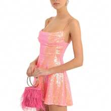 Women Shiny Sequins Dress Summer Backless A-Line Mini Party Dress for Cocktail Beach Streetwear - Rosa - Ver 3
