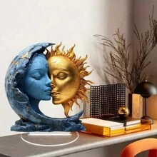 Atrapasueños bohemio con diseño de sol y luna - Regalo de cumpleaños de plástico, exhibición de escritorio de oficina y cafetería, decoración de alféizar del hogar, estatuas acrílicas de luna azul y sol dorado con soporte